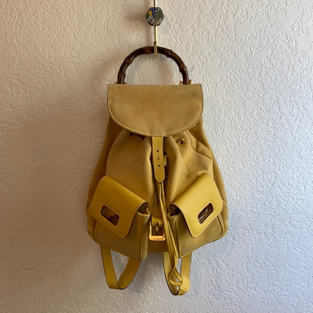Gucci bamboo handle yellow leather backpack